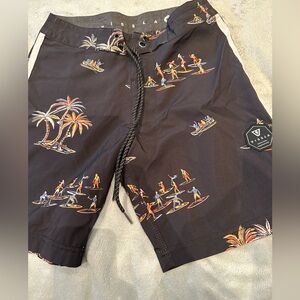 VISSLA Boys Size 25 Black Board Shorts Orange Palm Trees Rafts & Boats Pattern